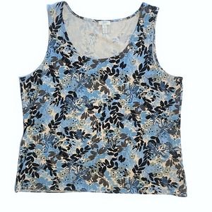 J. Jill Women's XL Leaf Print Tank ~ Blue Brown Floral Stretch Sleeveless Top
